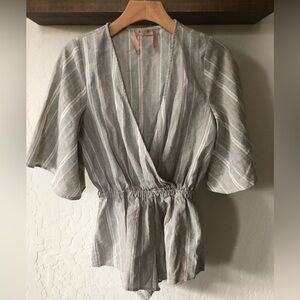 Ecru Lab|Linen blend striped romper with flutter sleeve, SUMMER style•••Deep V